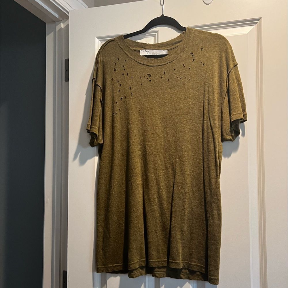 IRO Men’s Olive Green Distressed Linen Tee - Medium